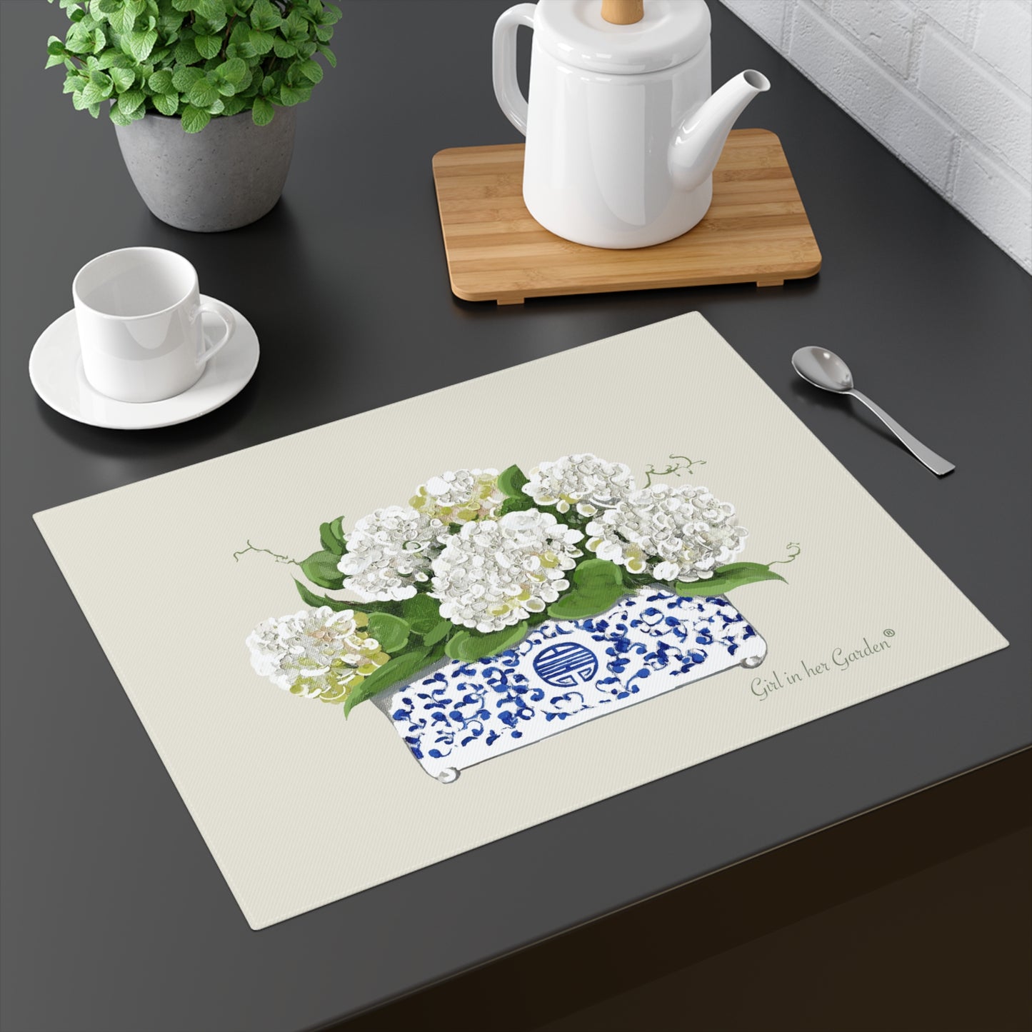 White Hydrangeas Beige Placemat-Set of Two