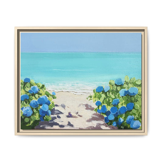 Hydrangeas by The Turquoise Sea, Framed Canvas