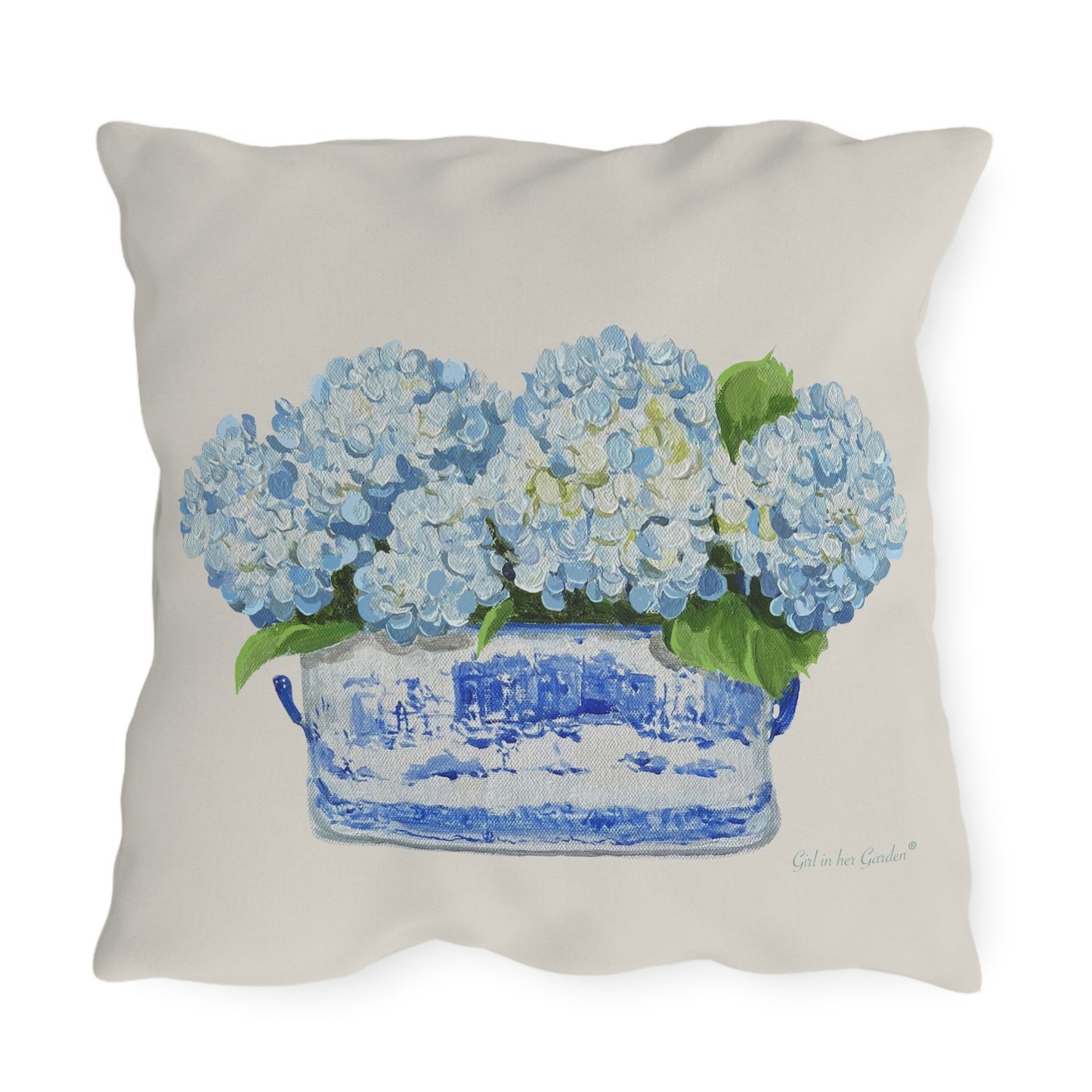 Light Blue Hydrangeas Chinoiserie Planter Outdoor Pillow, Pillow Cover