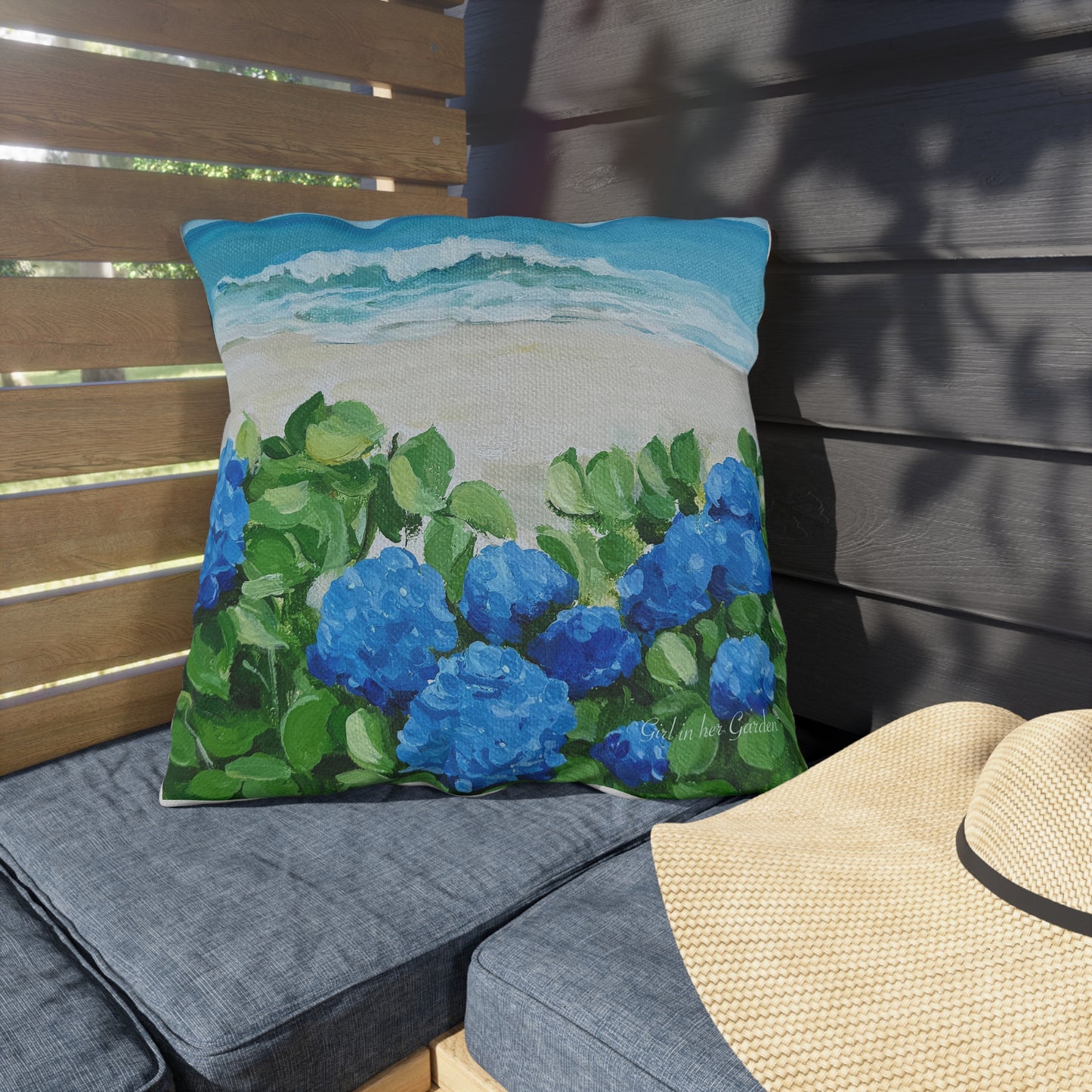 Blue Hydrangeas on the Beach Outdoor Pillows