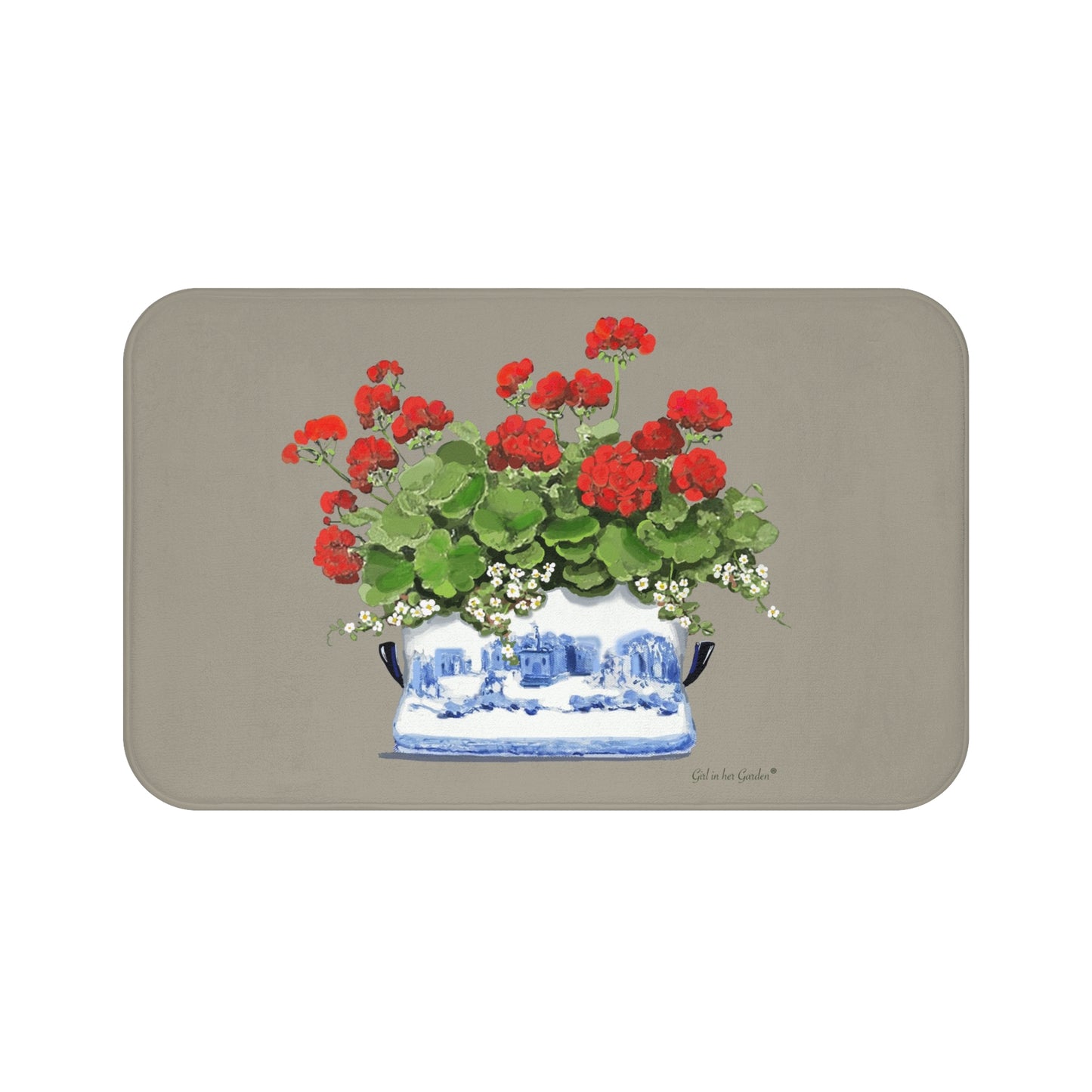 Red Geraniums Beige Kitchen & Bath Cushion Mat