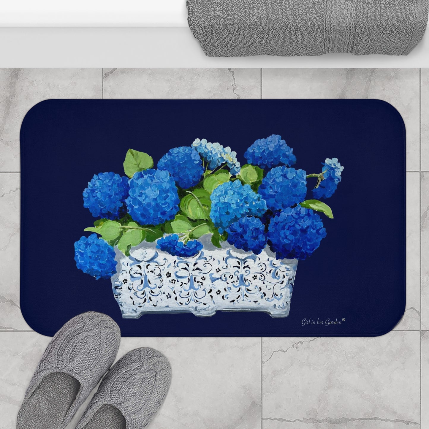 Kitchen, Bath Cushion Mat, Blue Hydrangea Planter