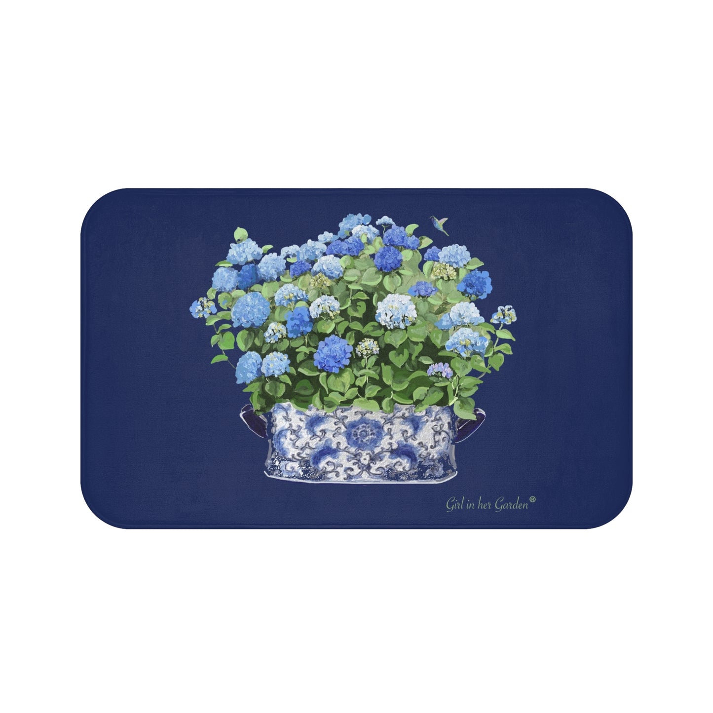 Kitchen, Bath Cushion Mat, Navy Hydrangea Chinoiserie Foot Planter 11