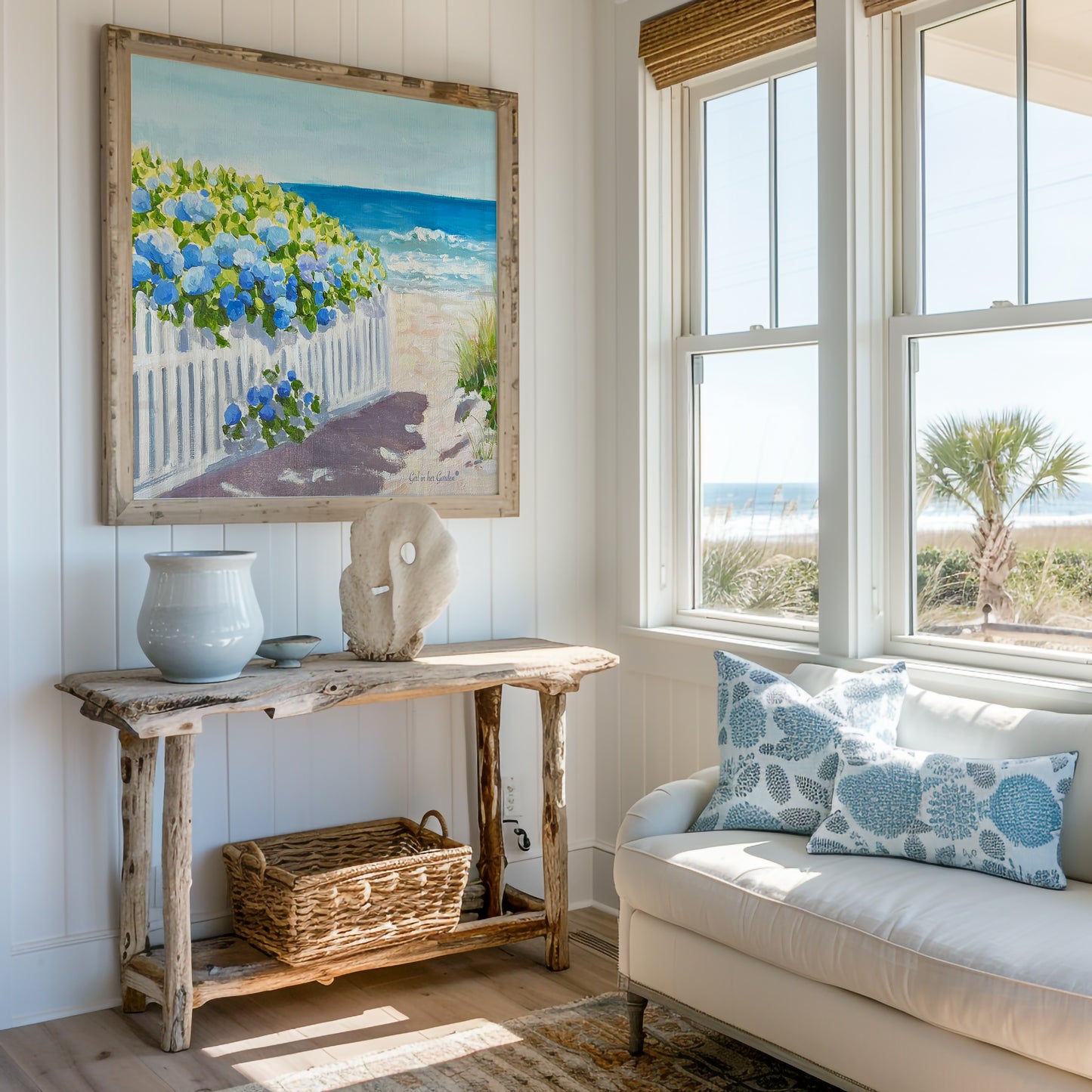 Coastal Hydrangeas on a Beach Path Unframed Poster or Canvas