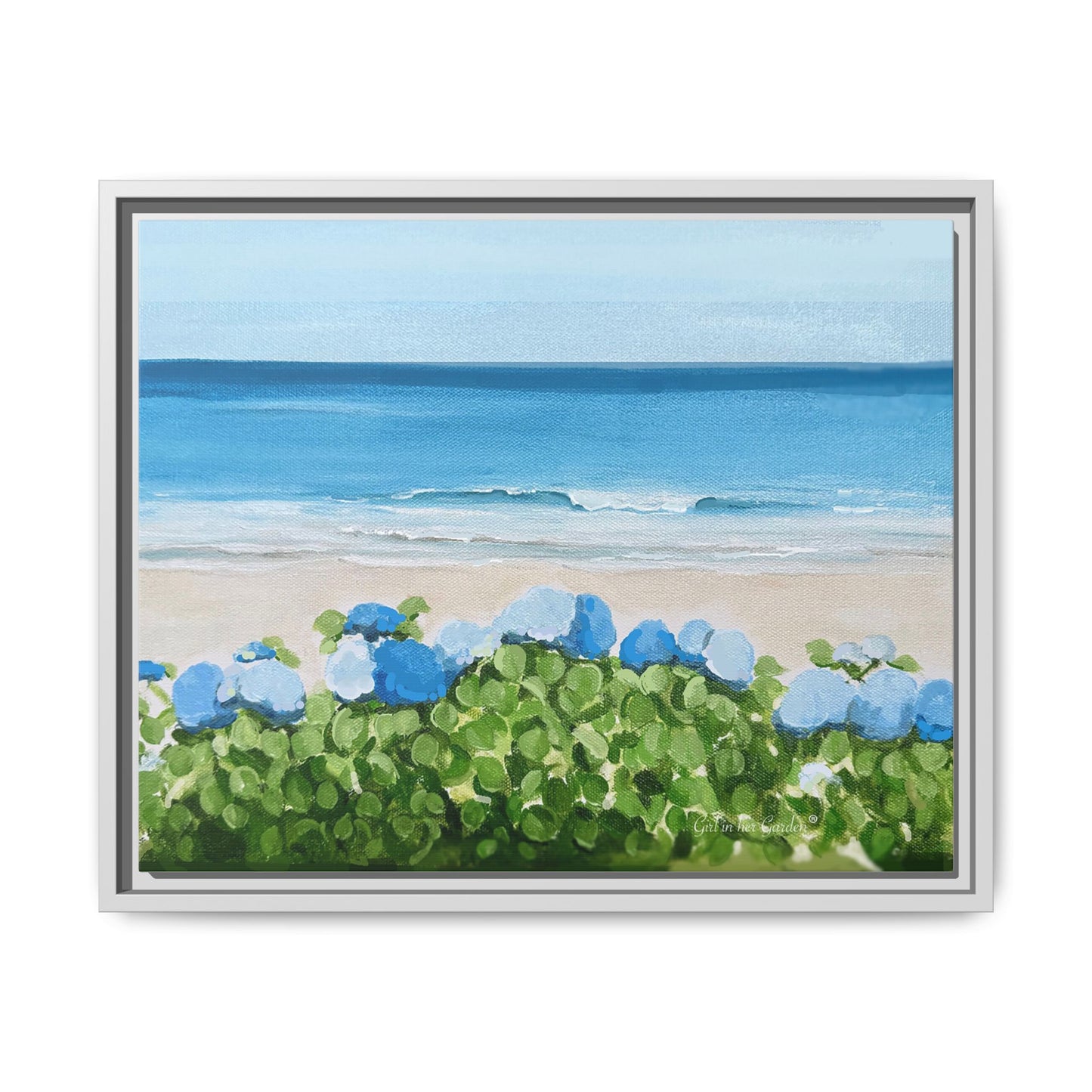 Hydrangeas on the Ocean, Framed Canvas