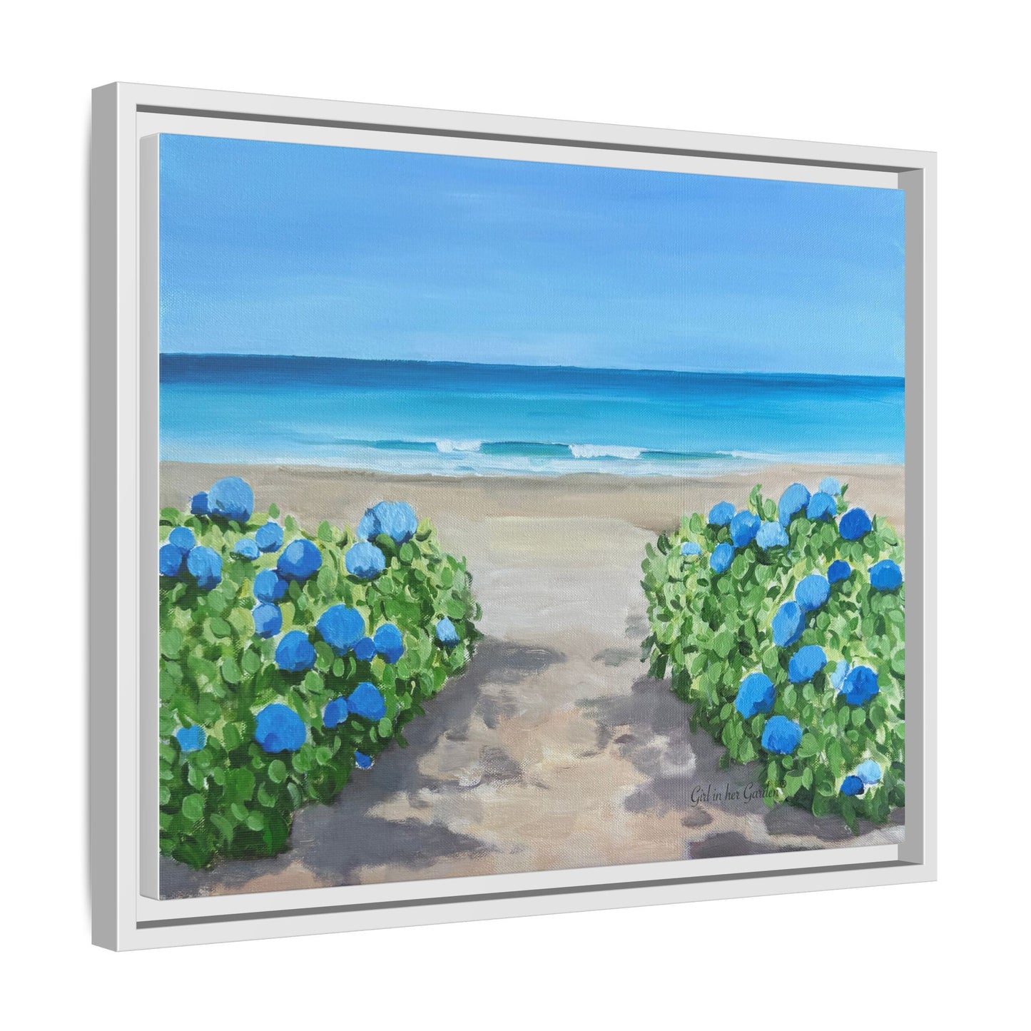 Hydrangeas on the beach Matte Canvas, Framed (Multi-color)