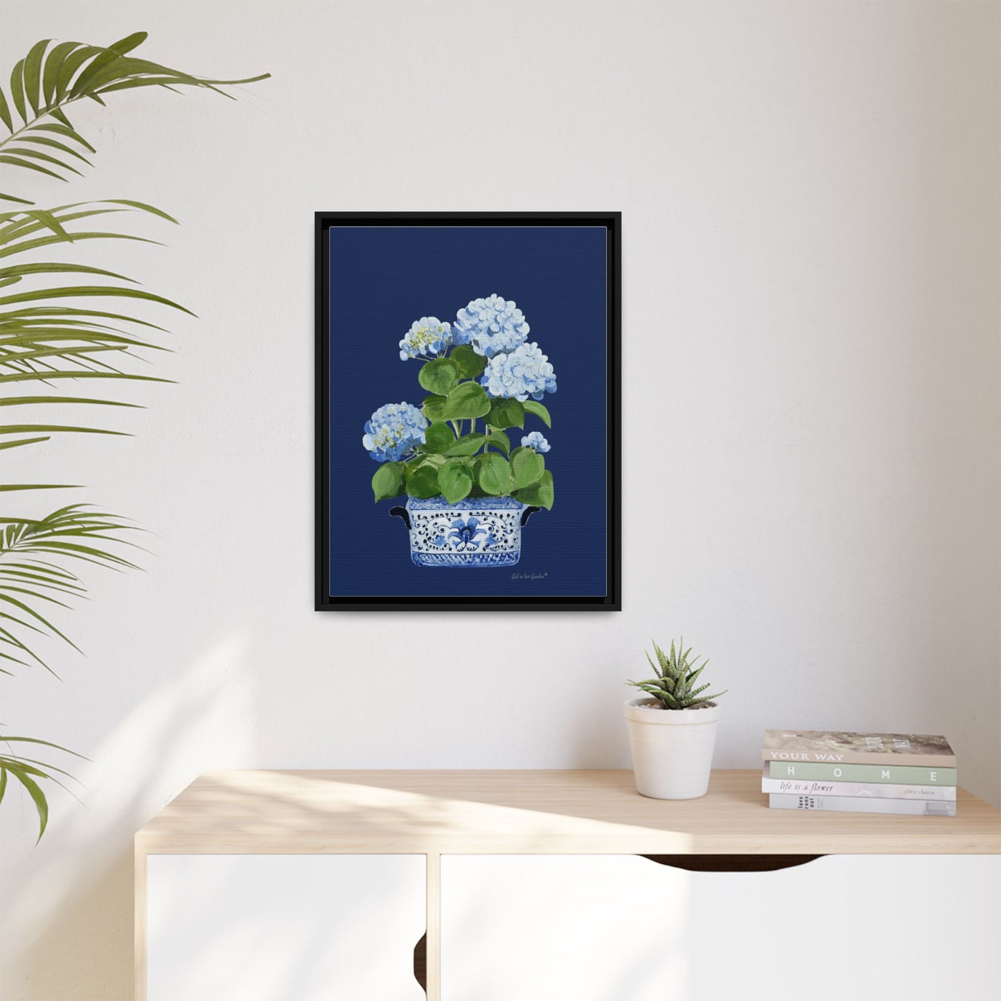 Blue Hydrangea Chinoiserie Framed Canvas Print,  Navy Floral Oil Painting Wall Art Framed