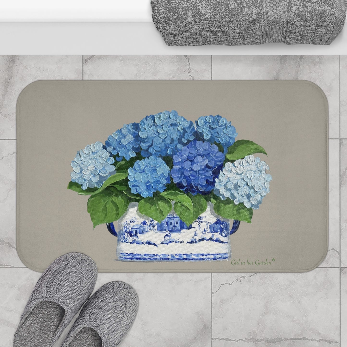 Kitchen, Bath Cushion Mat, Beige & Blue Hydrangeas Chinoiserie Foot Planter
