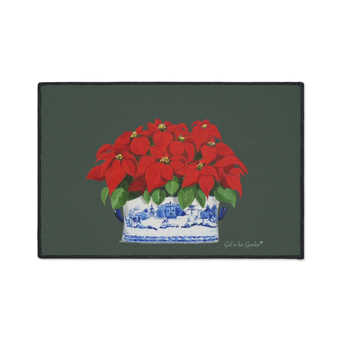 Green Christmas Poinsettias Rubber Floor Mat