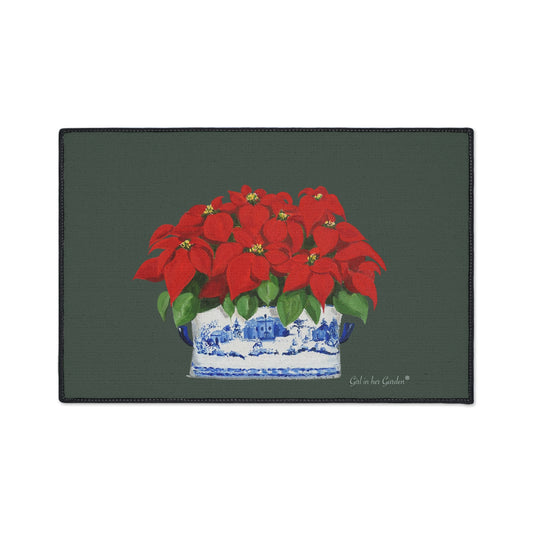 Green Christmas Poinsettias Rubber Floor Mat