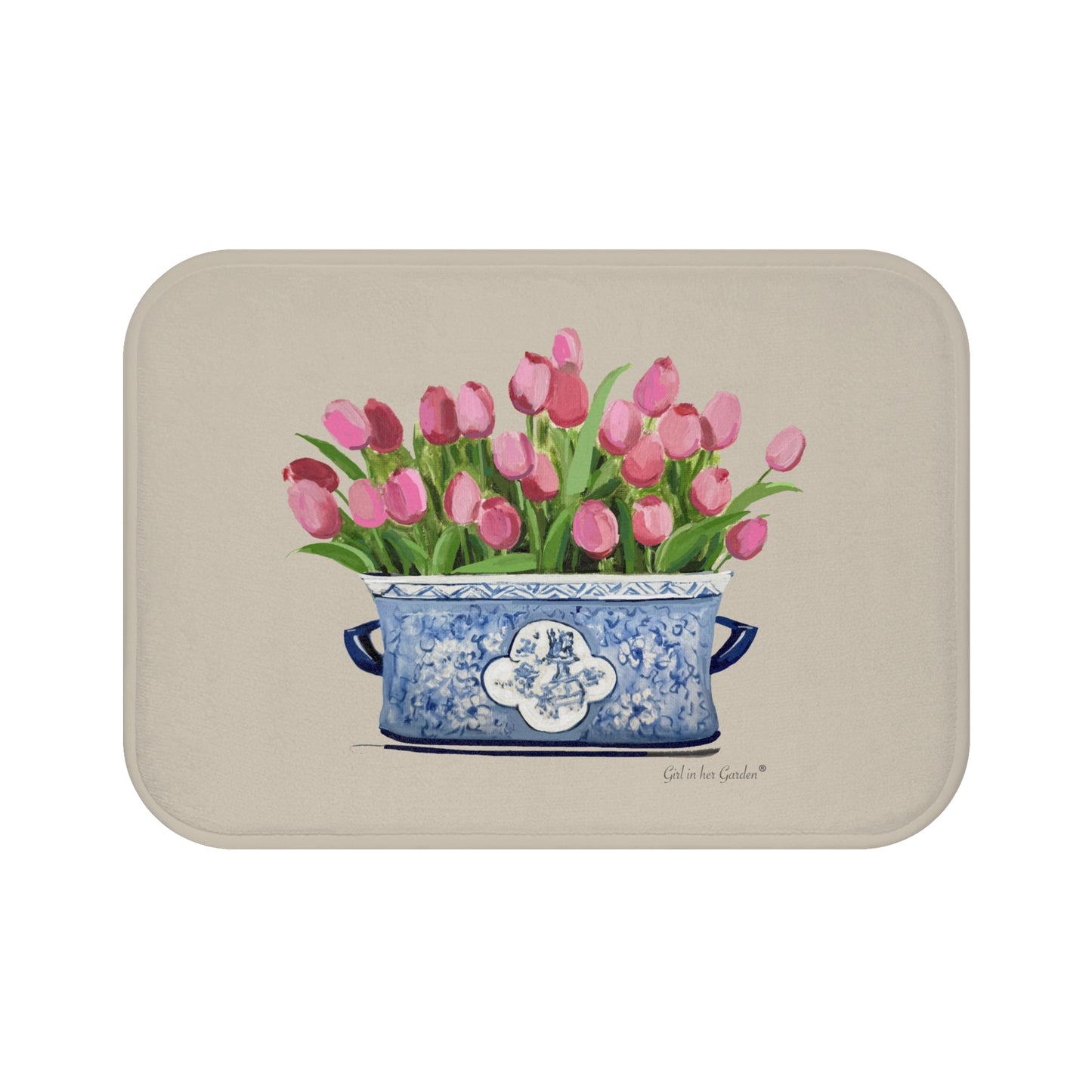 Kitchen, Bath Cushion Mat, Beige Tulip Chinoiserie  Planter