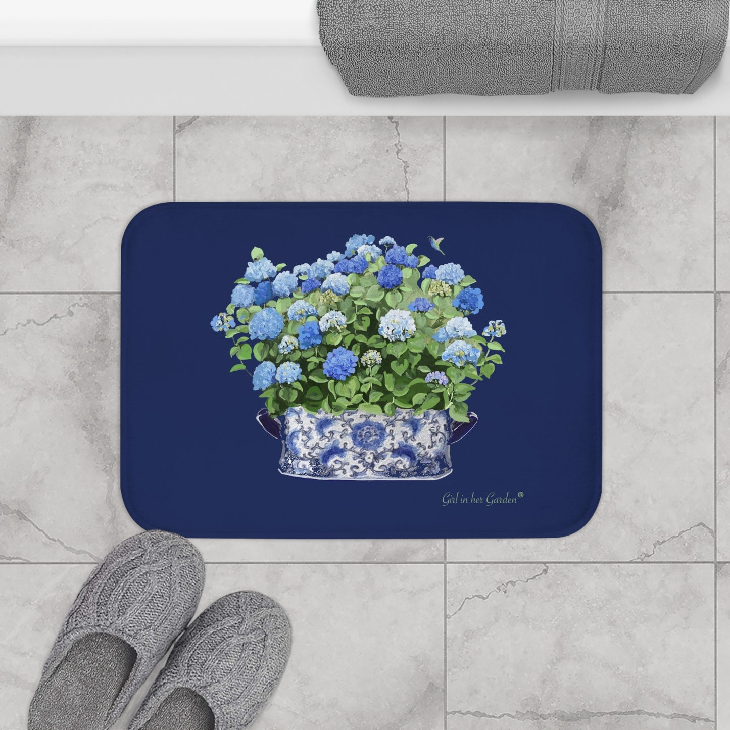 Kitchen, Bath Cushion Mat, Navy Hydrangea Chinoiserie Foot Planter 11