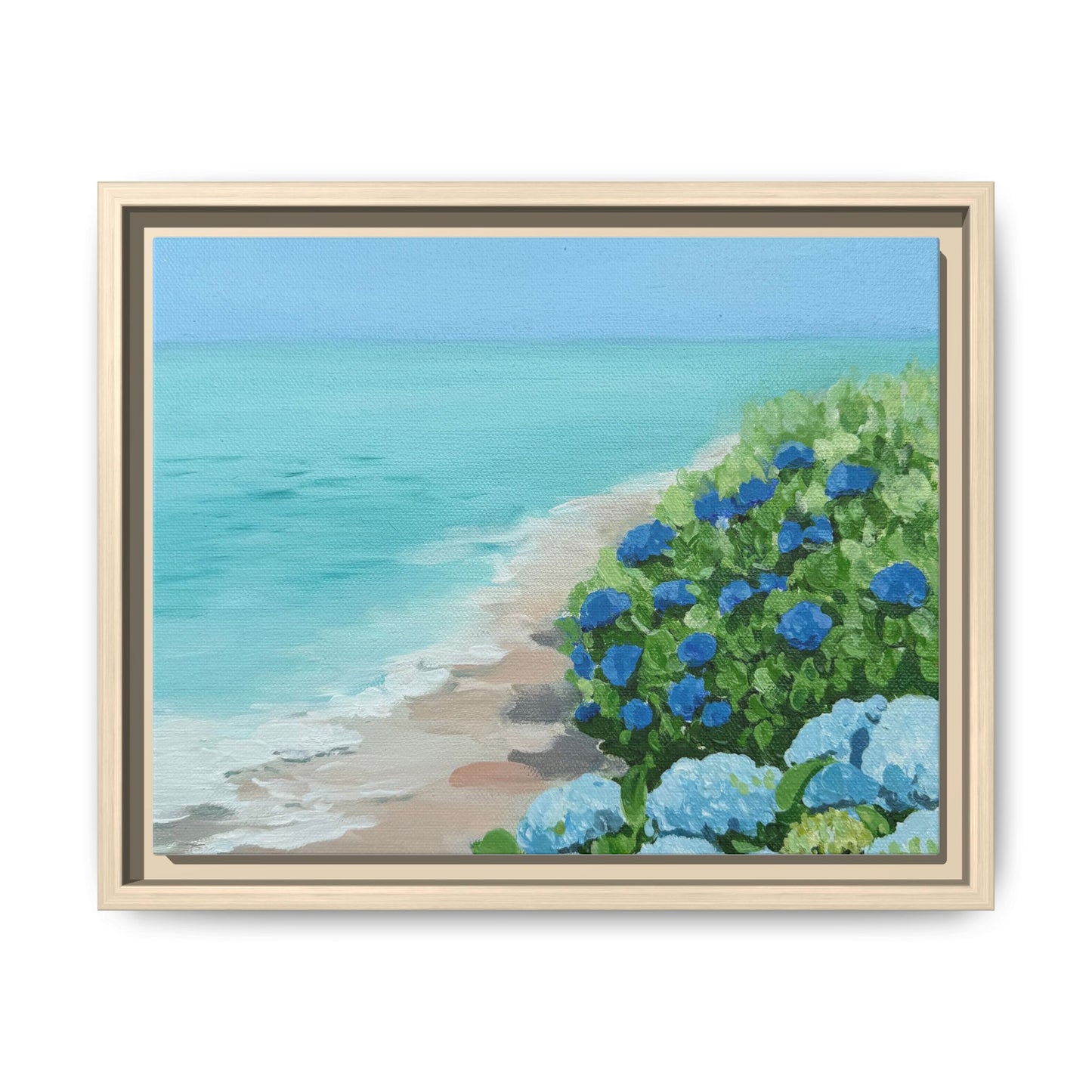 Hydrangeas by The Sea Framed Canvas Print