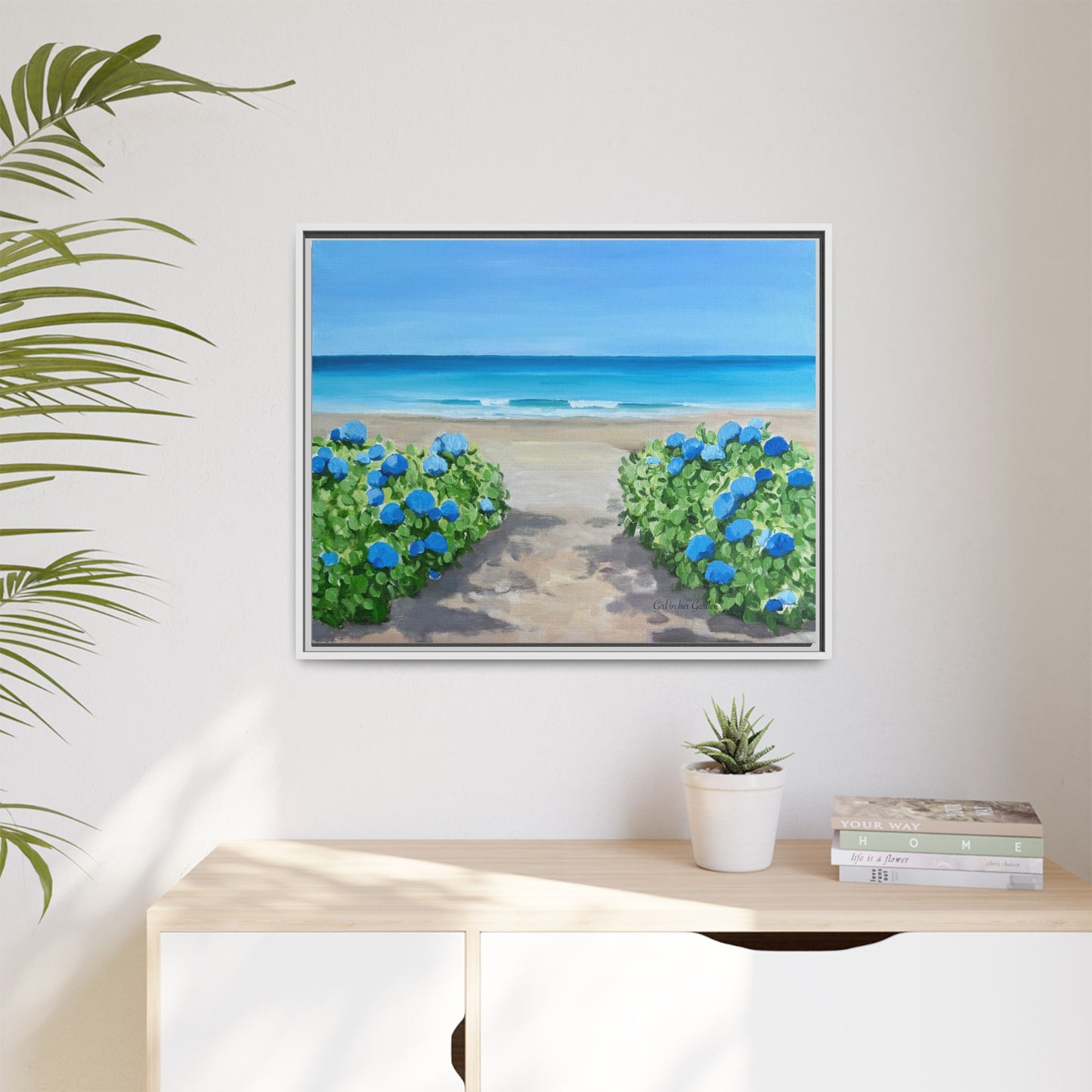 Hydrangeas on the beach Matte Canvas, Framed (Multi-color)