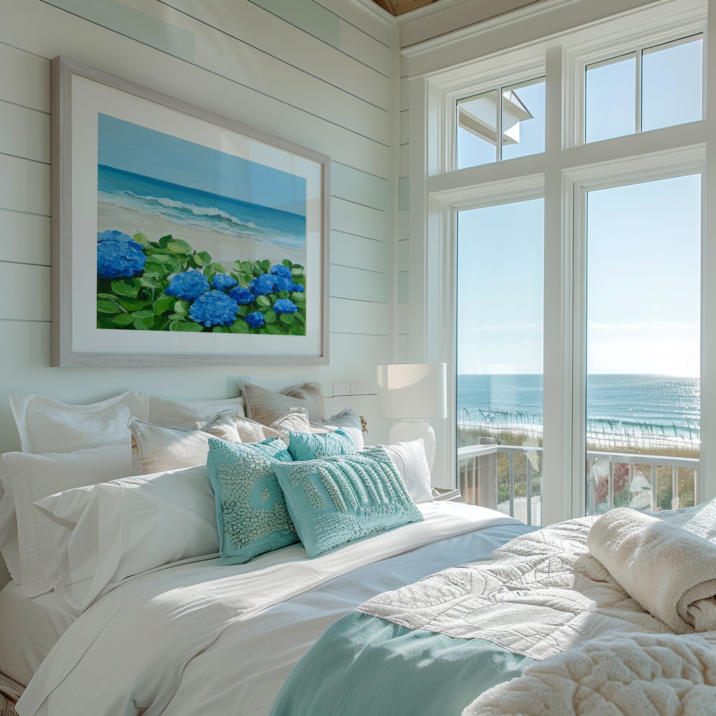 Blue Hydrangeas by the Beach, Framed Canvas