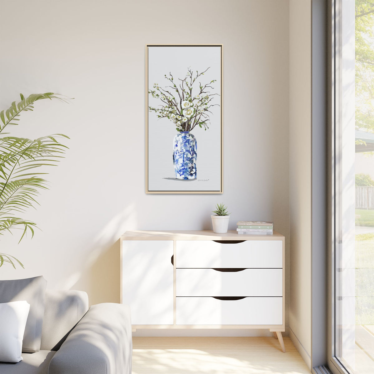 White Flowers Chinoiserie Vase, Framed Canvas