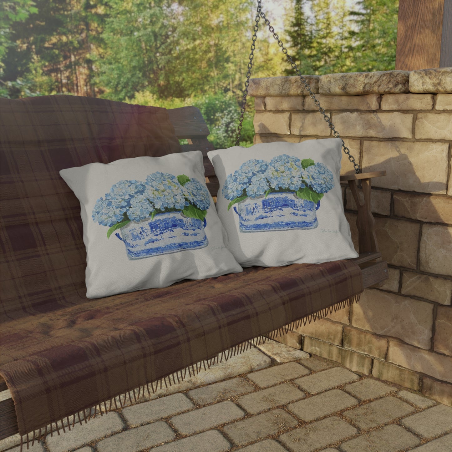 Light Blue Hydrangeas Chinoiserie Planter Outdoor Pillow, Pillow Cover