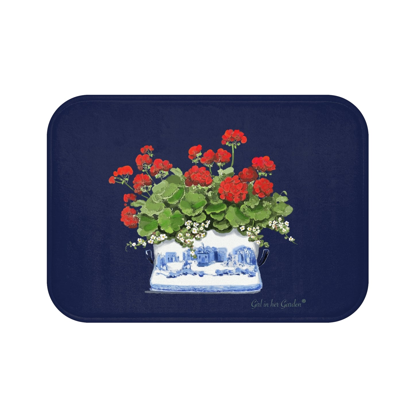 Red Geraniums Navy Chinoiserie Kitchen & Cushion Bath Mat