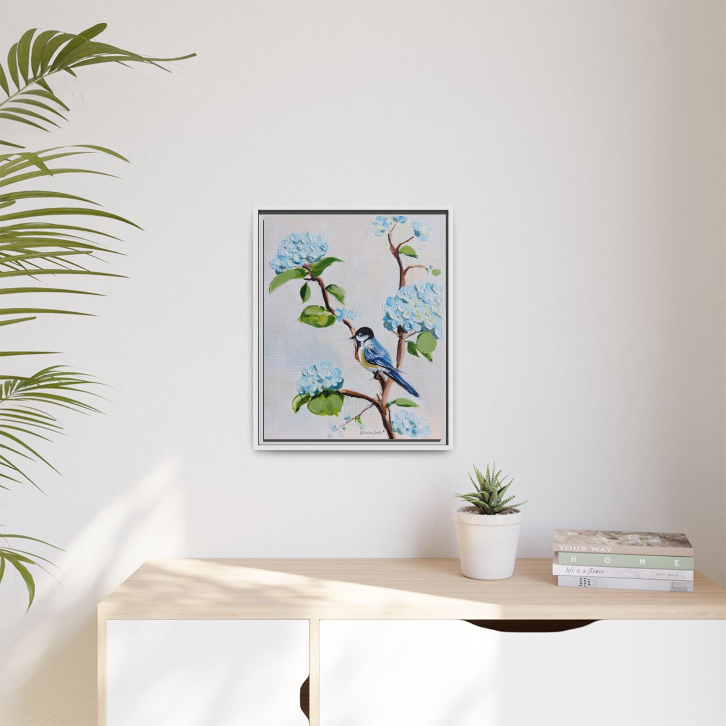 Lt. Blue Hydrangeas & Bird, framed Canvas