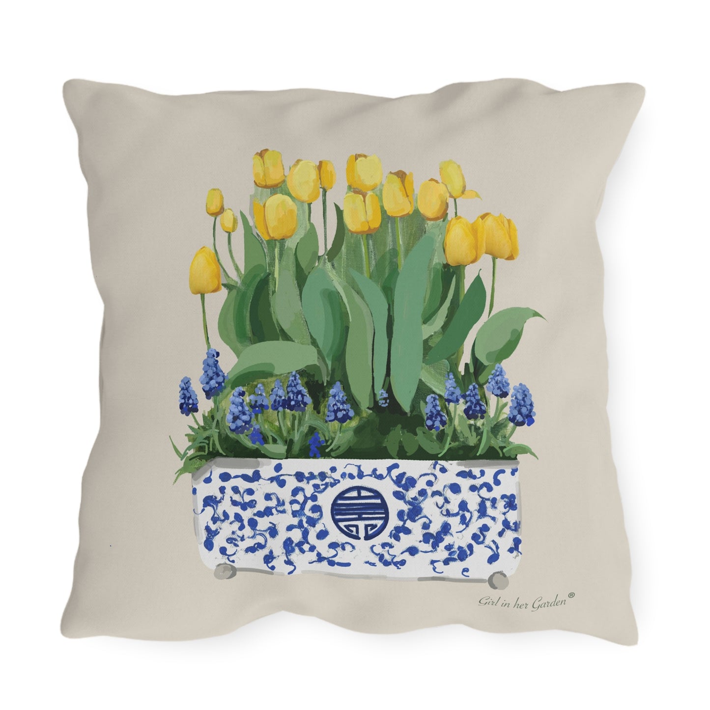 Yellow Tulips Chinoiserie Planter Outdoor Pillow, Pillow Cover