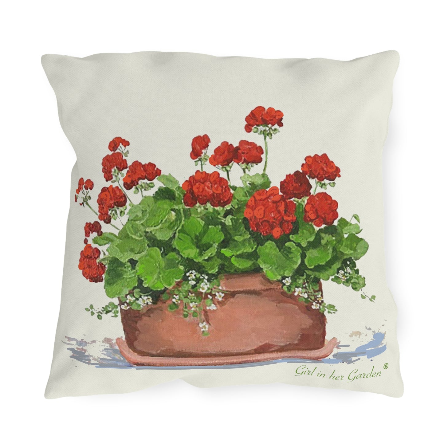 Red Geraniums Outdoor Pillow & Pillow Cover