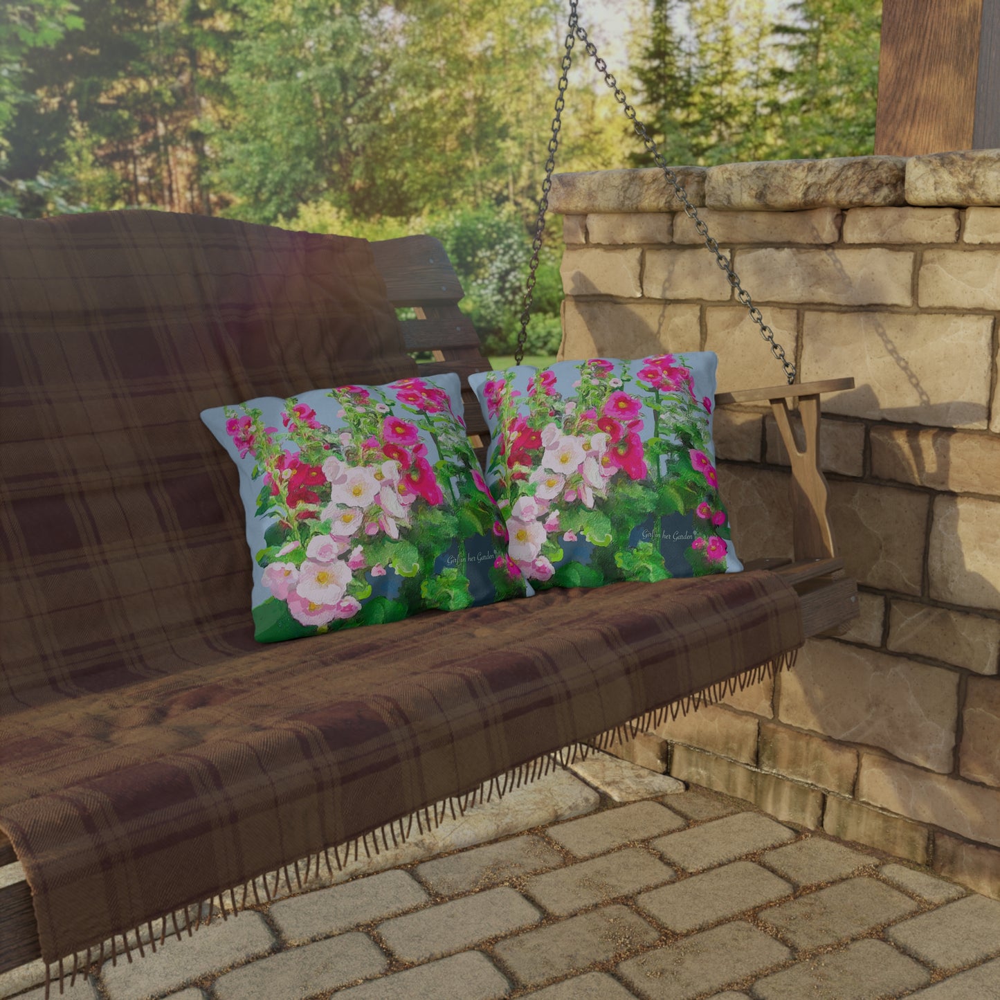 Outdoor Hollyhock Floral Pillow