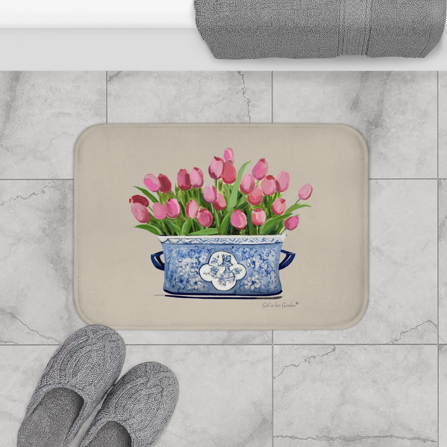 Kitchen, Bath Cushion Mat, Beige Tulip Chinoiserie  Planter
