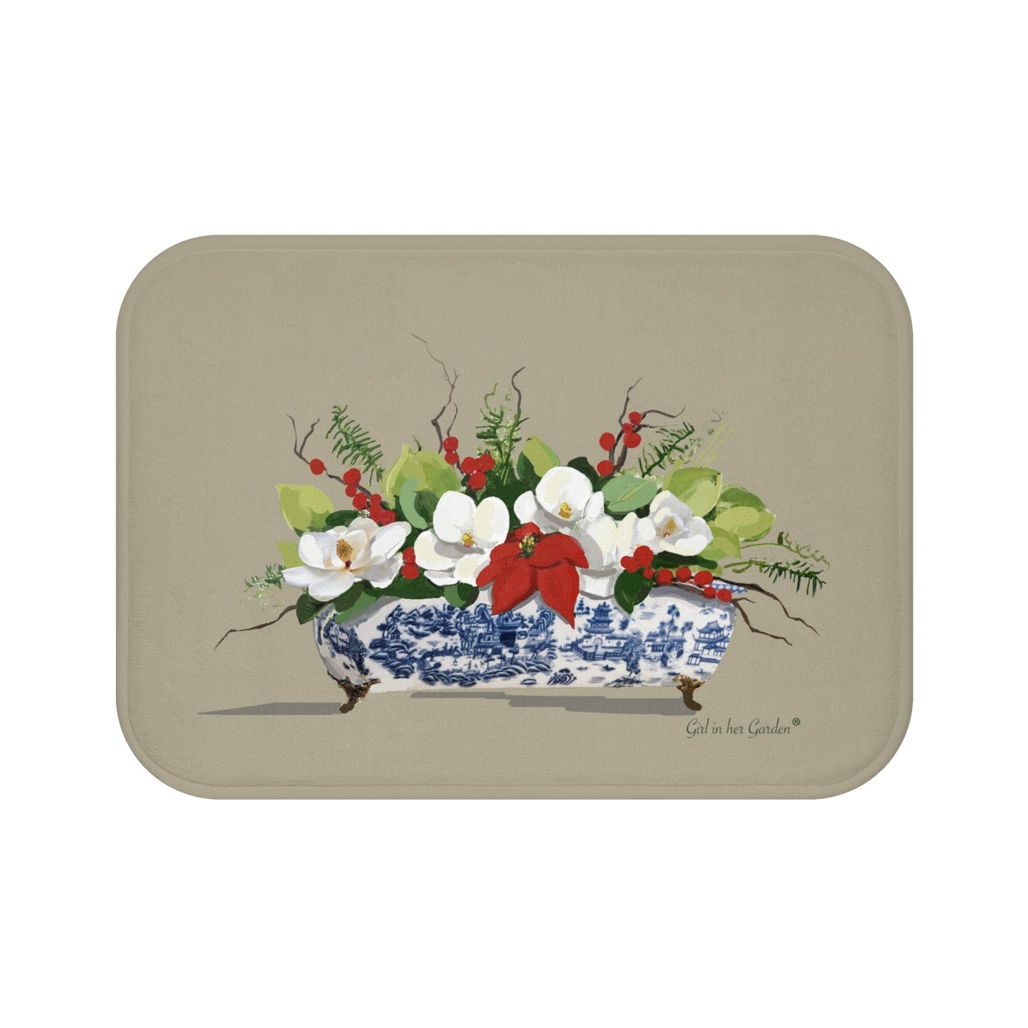 Beige Christmas Magnolia Planter, Kitchen & Bath Cushion Mat