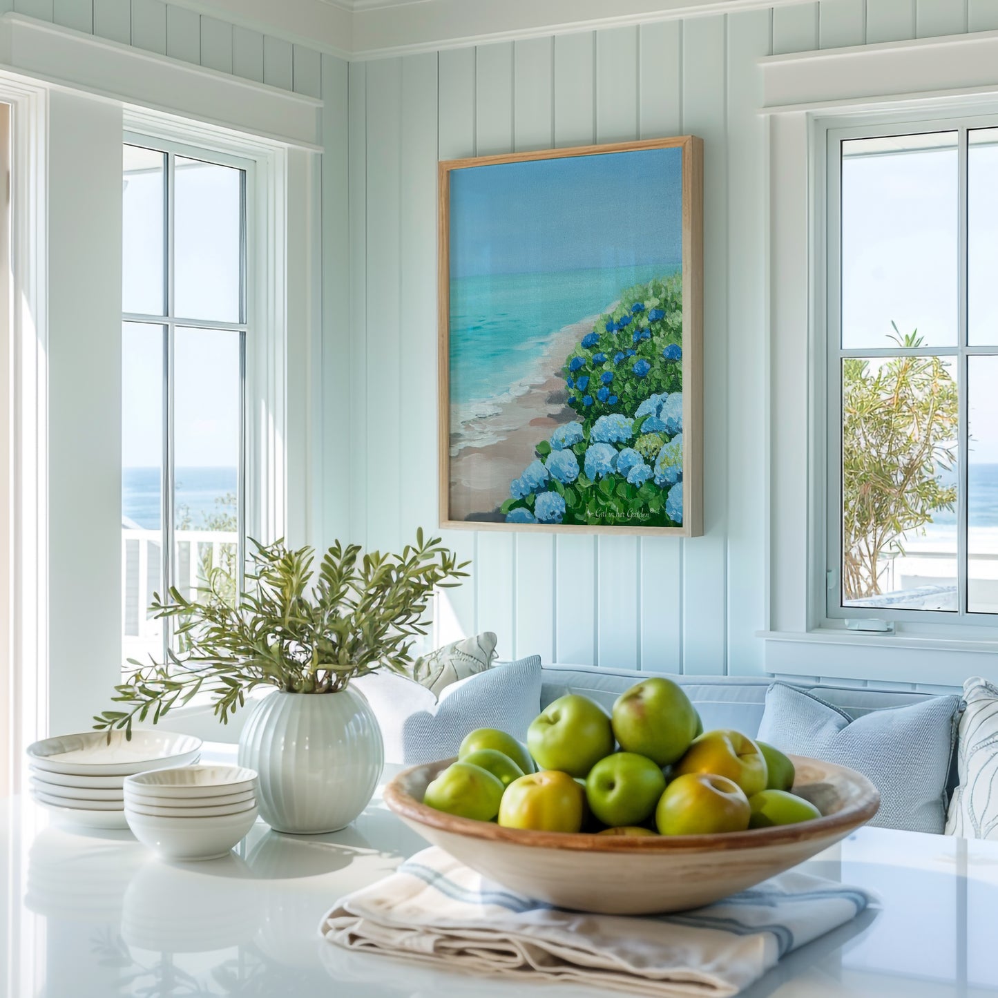 Hydrangeas by The Sea, Framed Canvas
