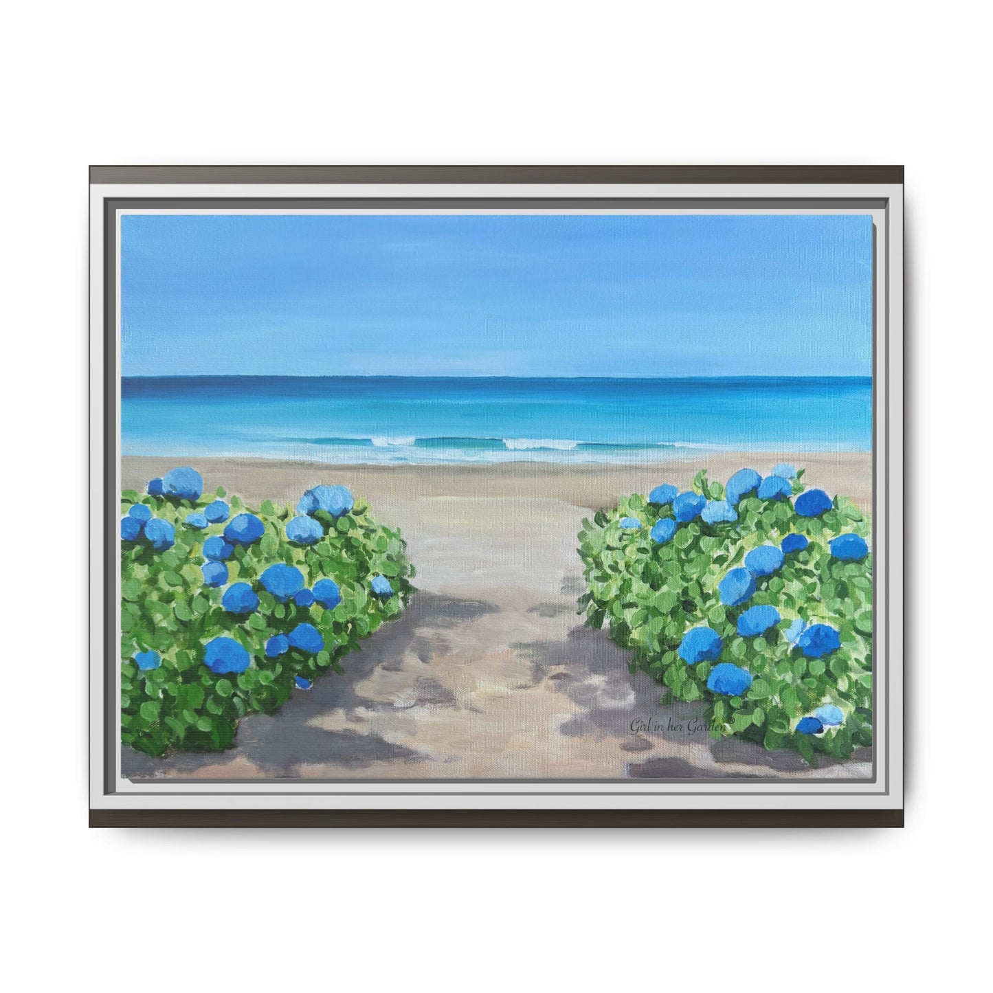 Hydrangeas on the beach Matte Canvas, Framed (Multi-color)