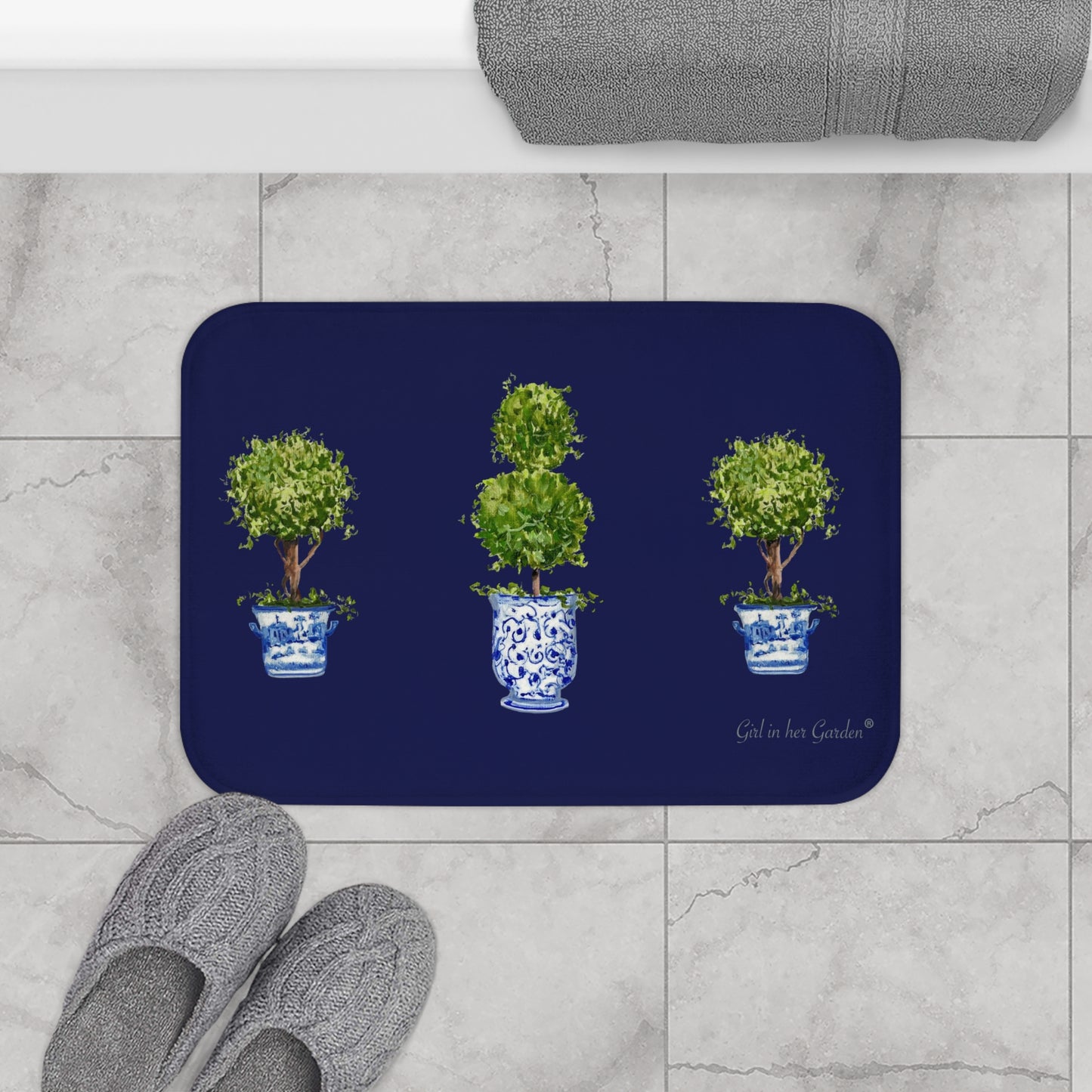 Kitchen, Bath Cushion Mat Navy Triple Topiary