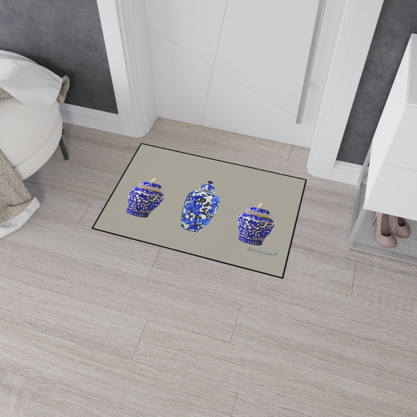 Heavy Duty Indoor Outdoor Rubber Floor Mat, Beige Chinoiserie Vase