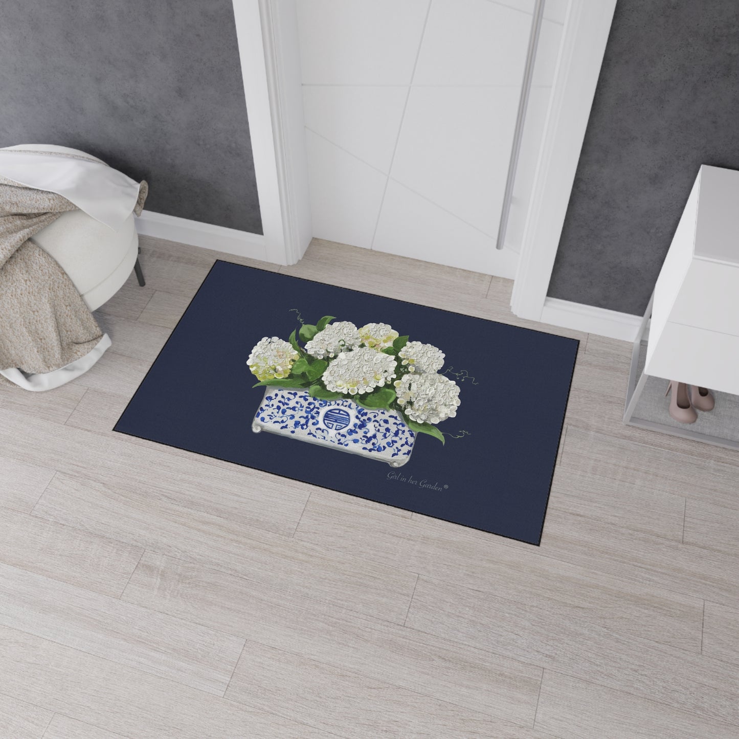 White Hydrangea Navy Chinoiserie Planter Rubber Floor Mat