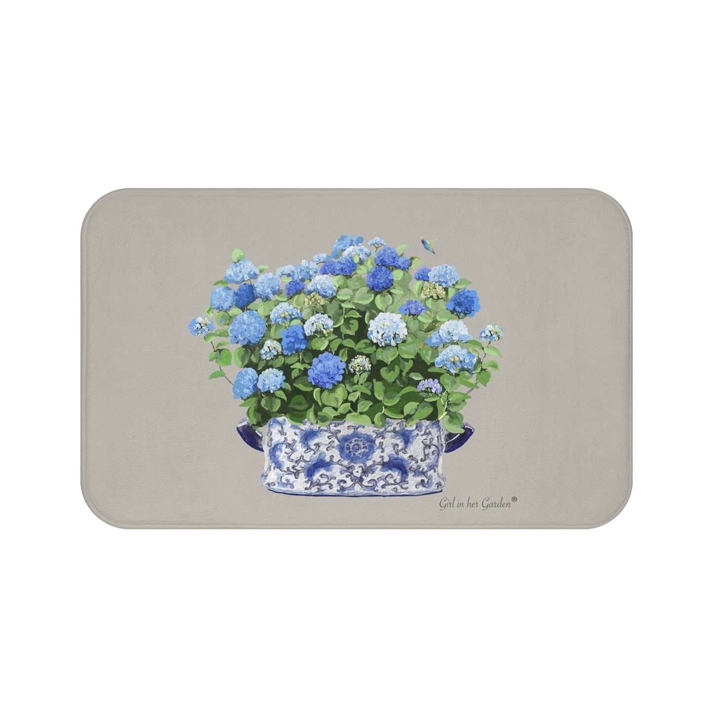 Kitchen, Bath Cushion Mat, Beige & Blue Hydrangeas Chinoiserie Foot Planter 2