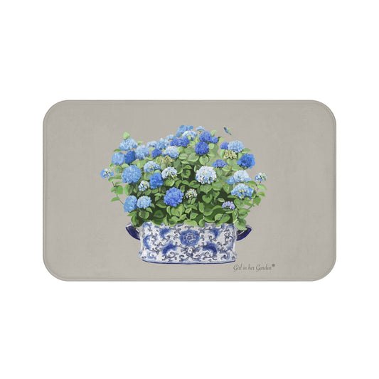 Kitchen, Bath Cushion Mat, Beige & Blue Hydrangeas Chinoiserie Foot Planter 2