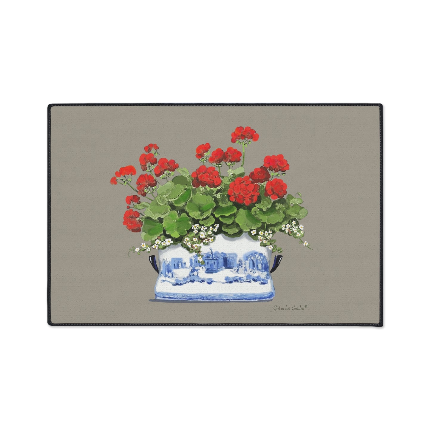 Red Geraniums Beige Chinoiserie Rubber Floor Mat