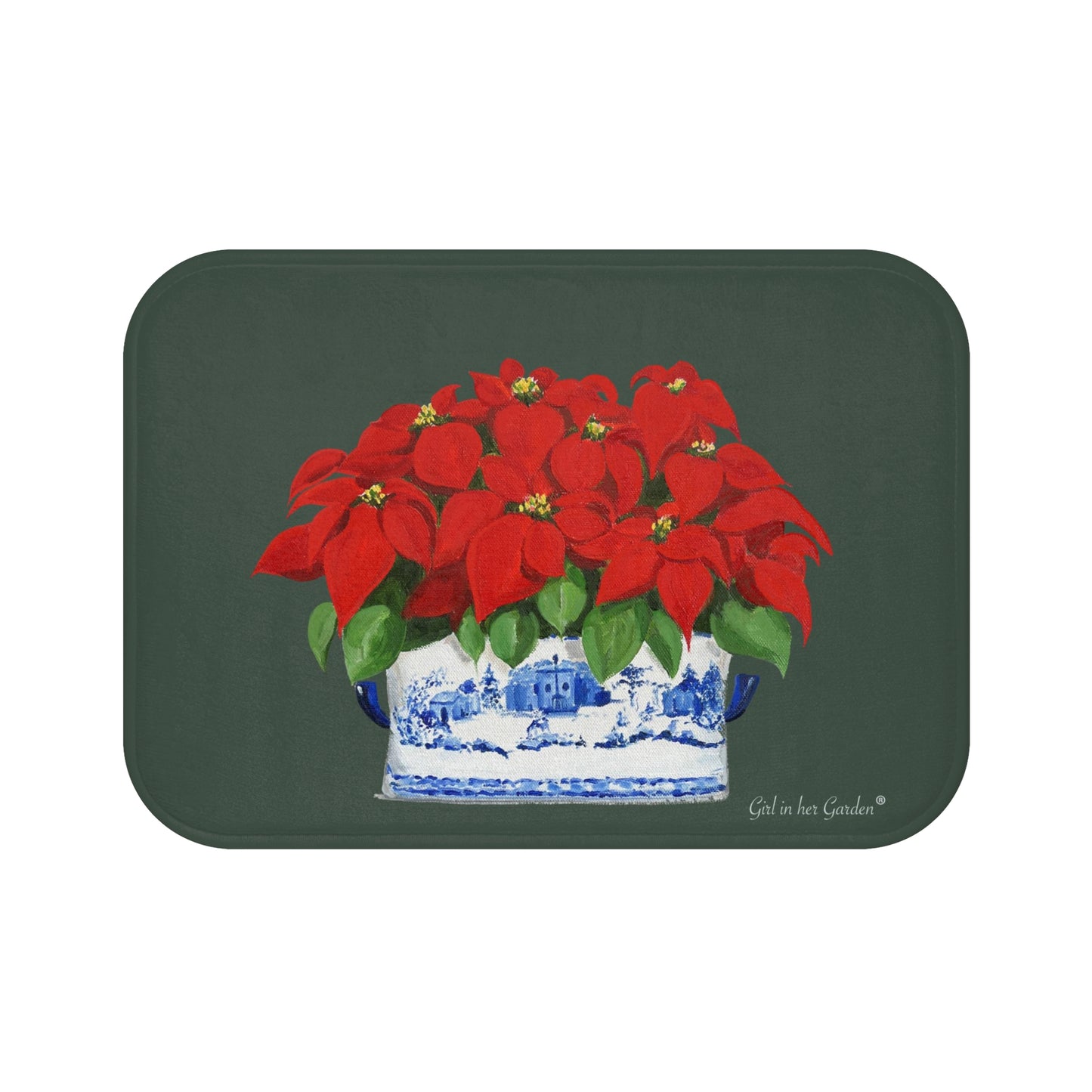 Kitchen, Bath Cushion Mat, Green Christmas Poinsettias