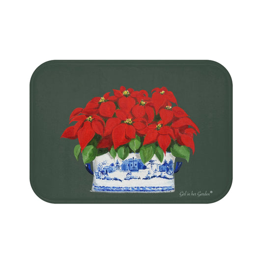 Kitchen, Bath Cushion Mat, Green Christmas Poinsettias
