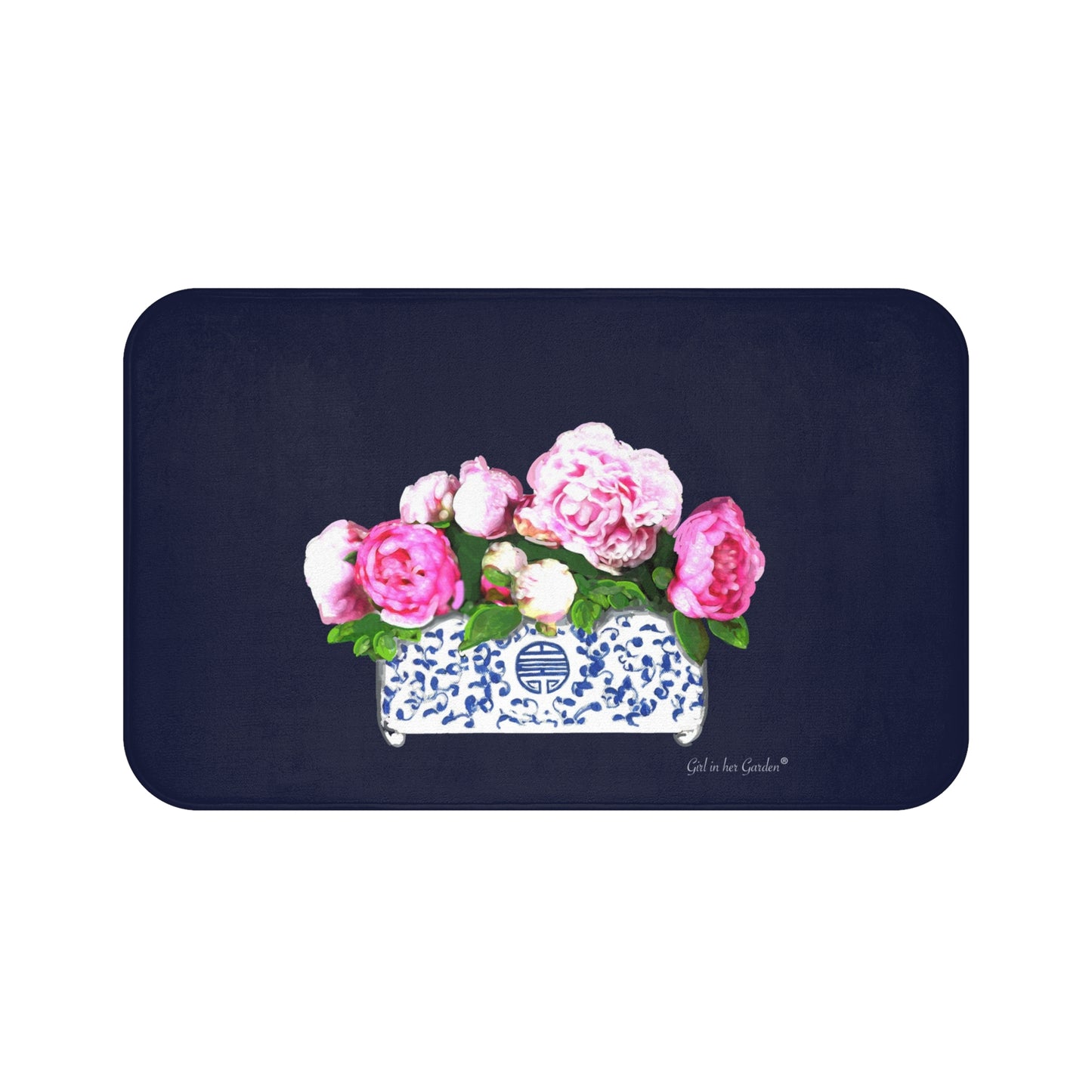 Navy Peonies Kitchen & Bath Mat