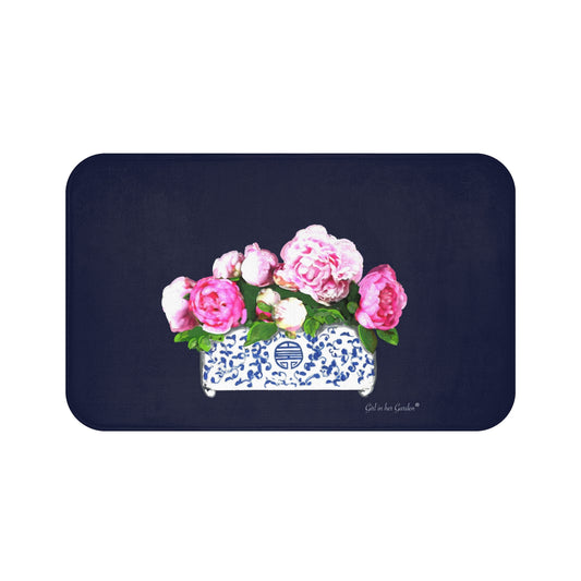 Navy Peonies Kitchen & Bath Mat