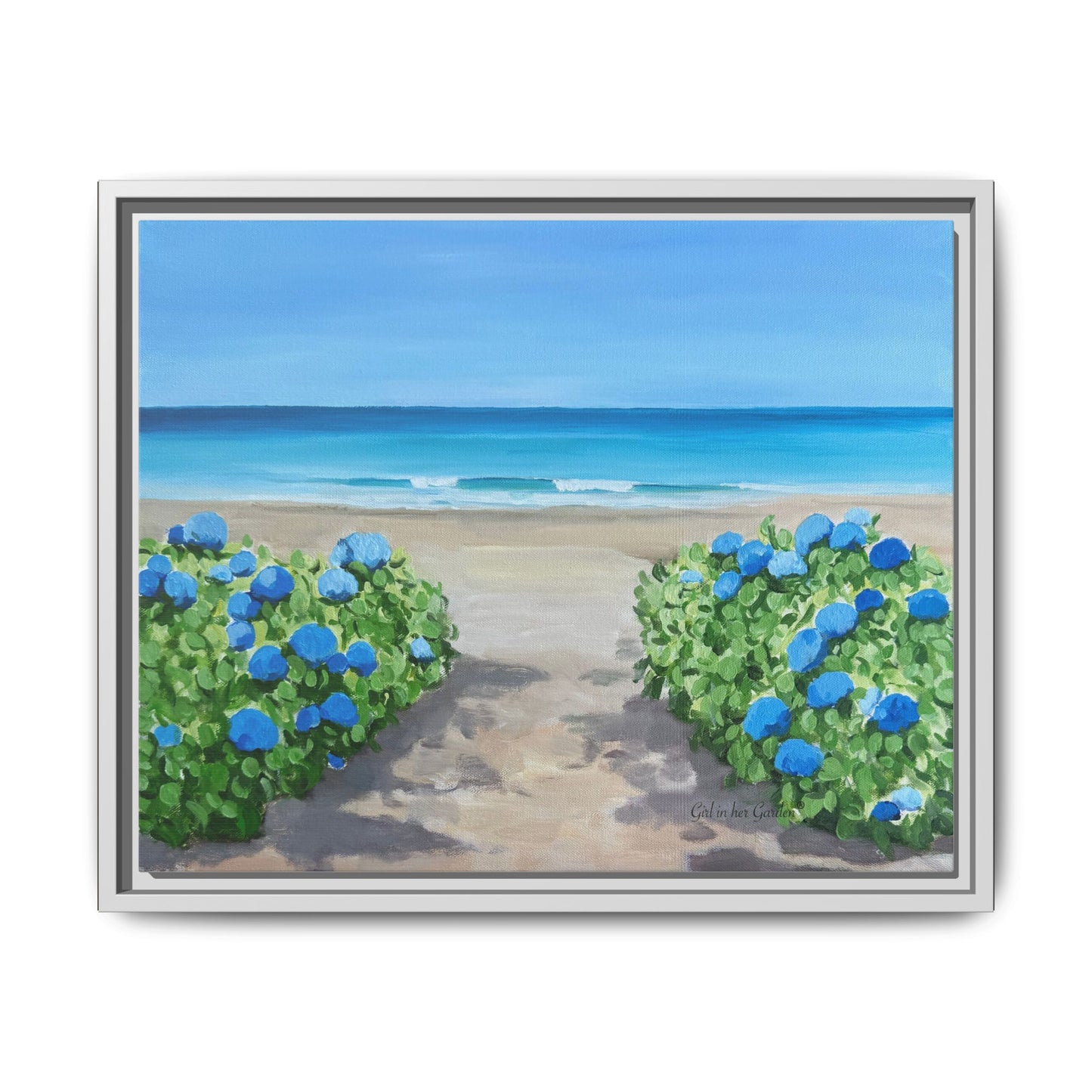 Hydrangeas on the beach Matte Canvas, Framed (Multi-color)