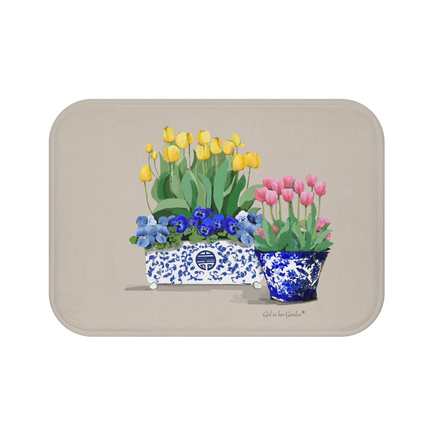 Kitchen, Bath Cushion Mat, Yellow & Pink Tulips Chinoiserie Planters