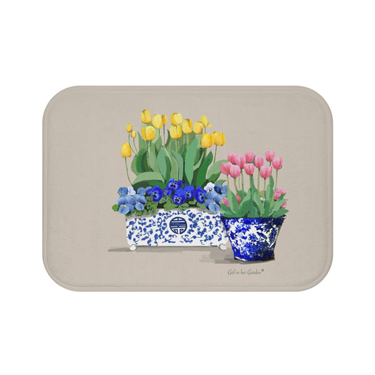 Kitchen, Bath Cushion Mat, Yellow &  Pink Tulips Chinoiserie Planters