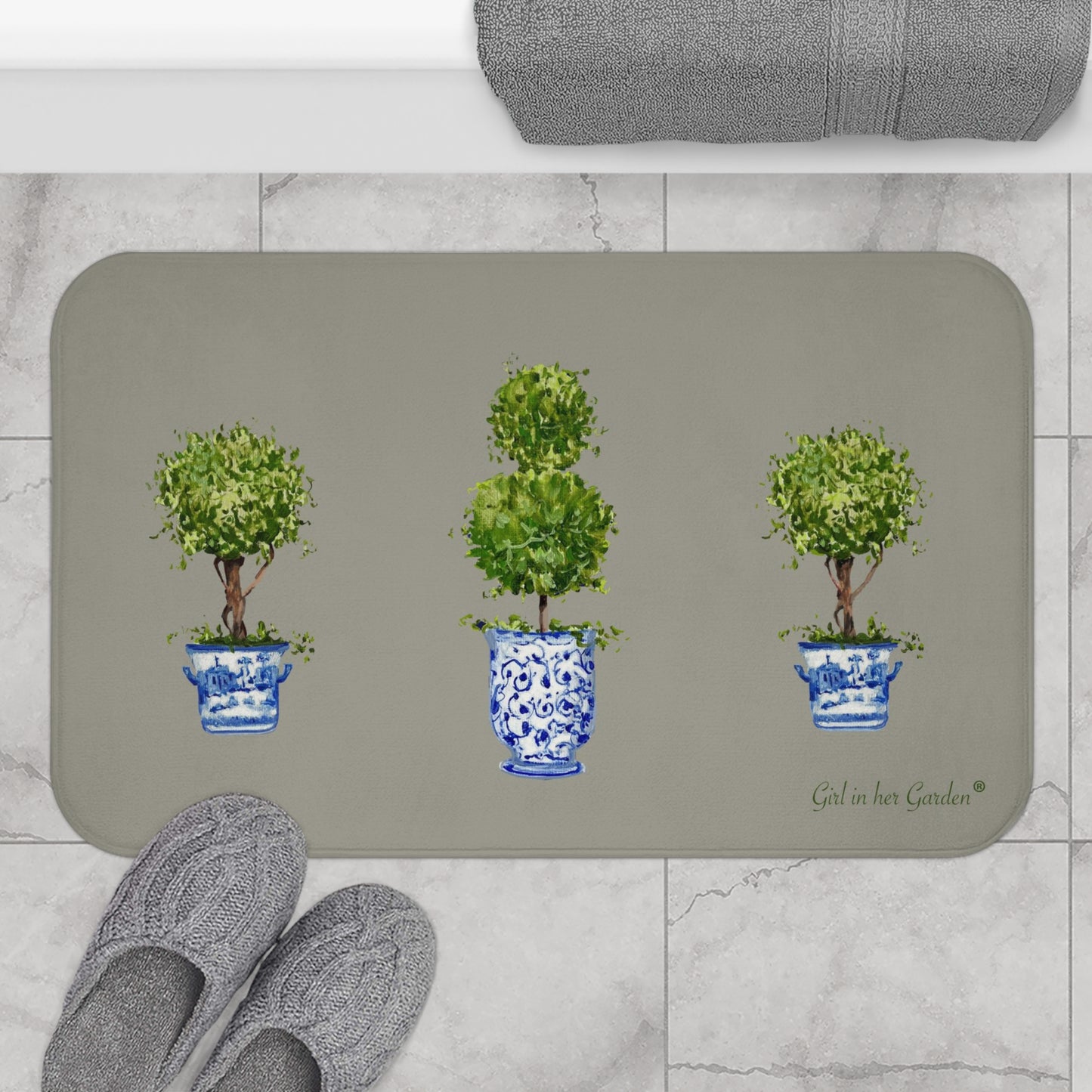 Kitchen, Bath Cushion Mat, Beige Triple Topiary