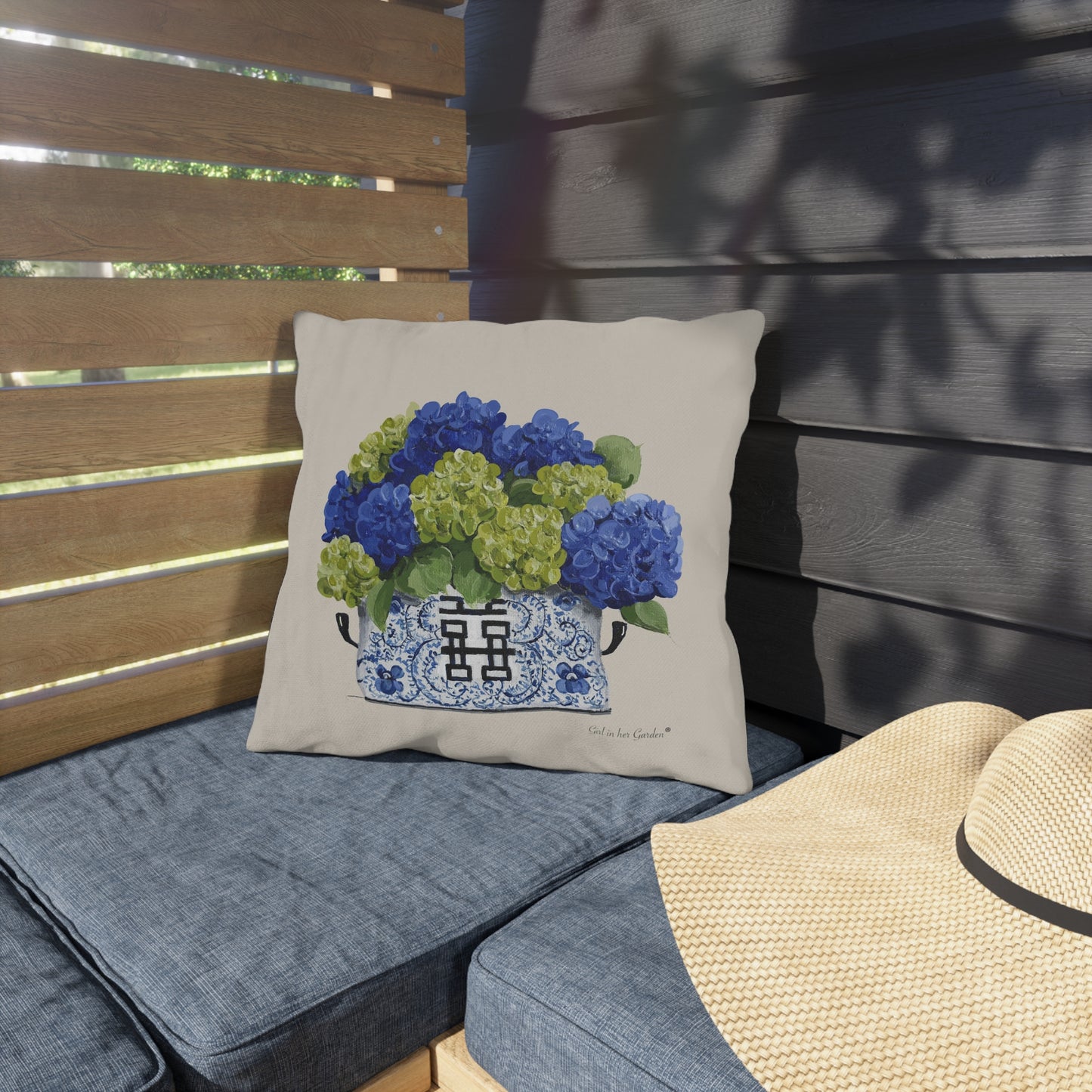 Dark Blue & Lime Green Chinoiserie Planter Pillow, Pillow Cover