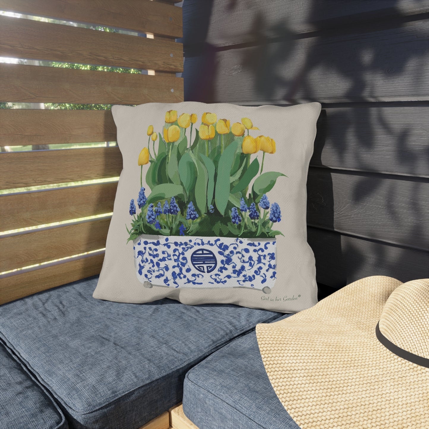 Yellow Tulips Chinoiserie Planter Outdoor Pillow, Pillow Cover