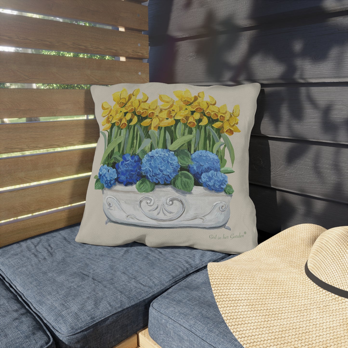 Daffodil & Hydrangeas,Outdoor Pillow, Pillow Cover