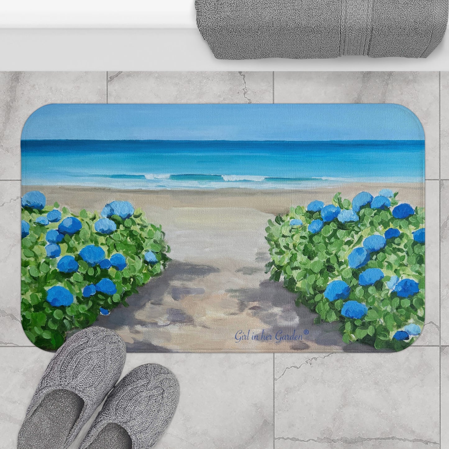 KItchen & Bath Cushion Mat, Hydrangeas on the Beach