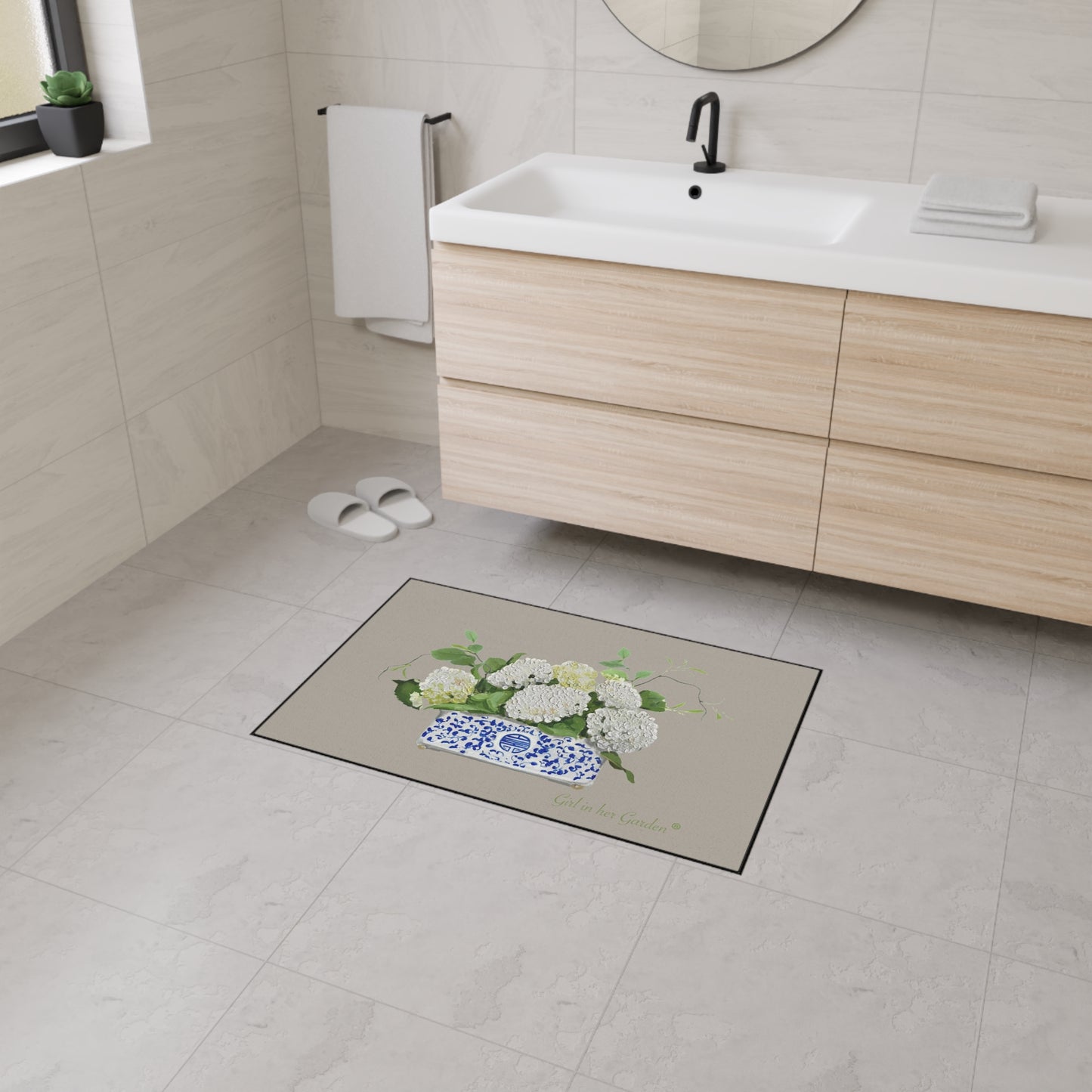Heavy Duty Indoor Outdoor Rubber Floor Mat, Beige Chinoiserie Planter