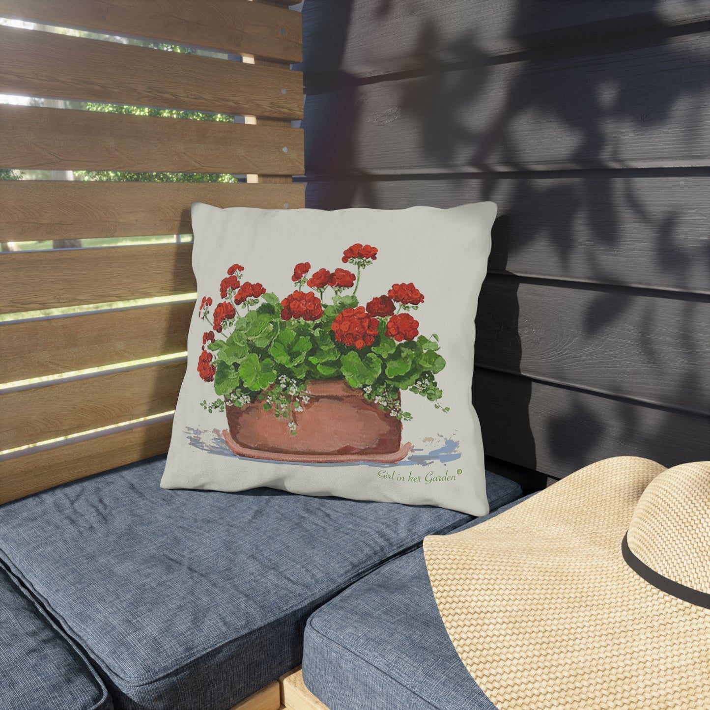 Red Geraniums Outdoor Pillow & Pillow Cover